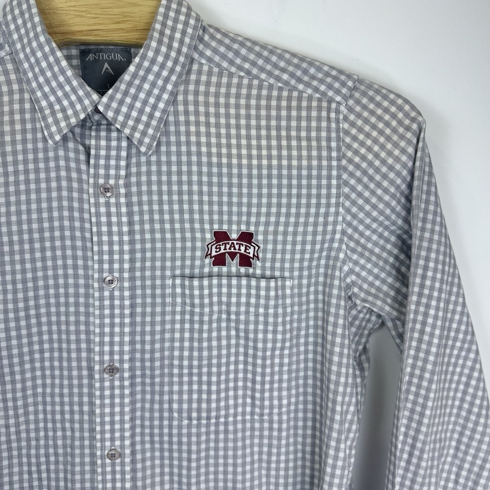 Mississippi State Bulldogs Gray Gingham Button Up Shirt Mens Large Antigua‎